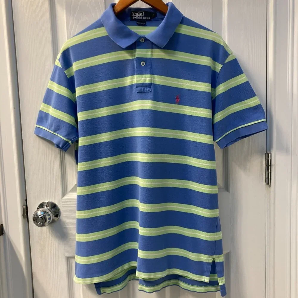 Vintage Polo by Ralph Lauren Rugby Blue Green White Striped Polo Size Large